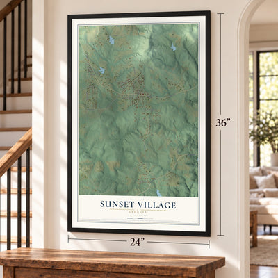 Sunset Village, Georgia map, 24 x 36 inch print in a black frame by a staircase