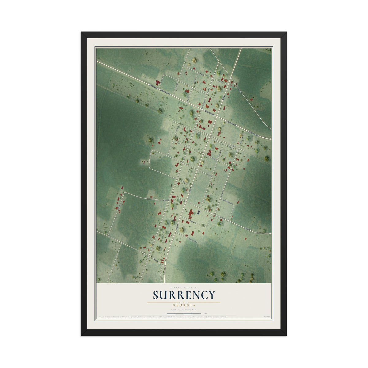 Surrency, Georgia map print, 12" x 18" W/ Black Ayous Wood Frame mockup