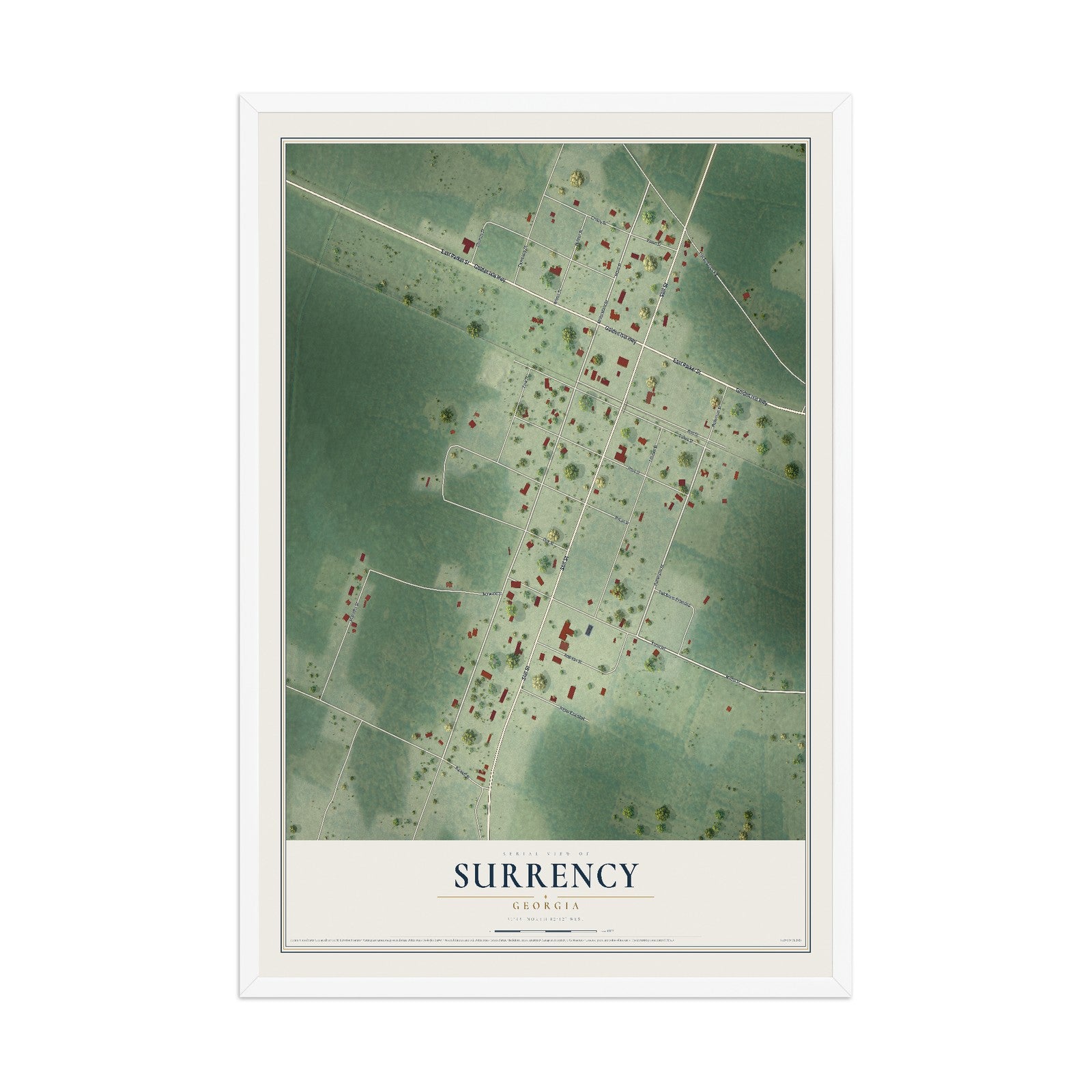 Surrency, Georgia map print, 12" x 18" W/ White Ayous Wood Frame mockup