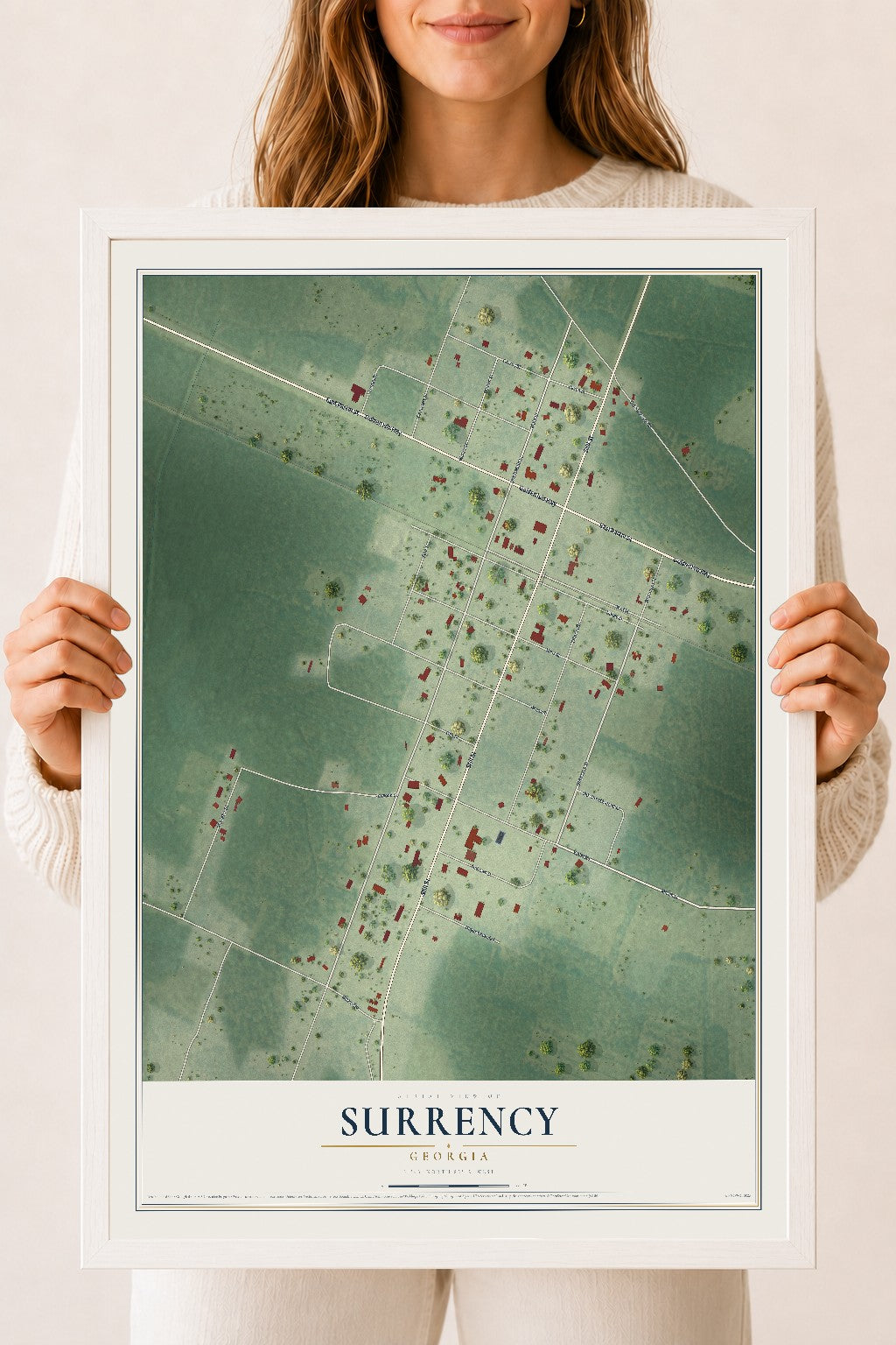Surrency, Georgia map print, 18" x 24" W/ White Ayous Wood Frame mockup