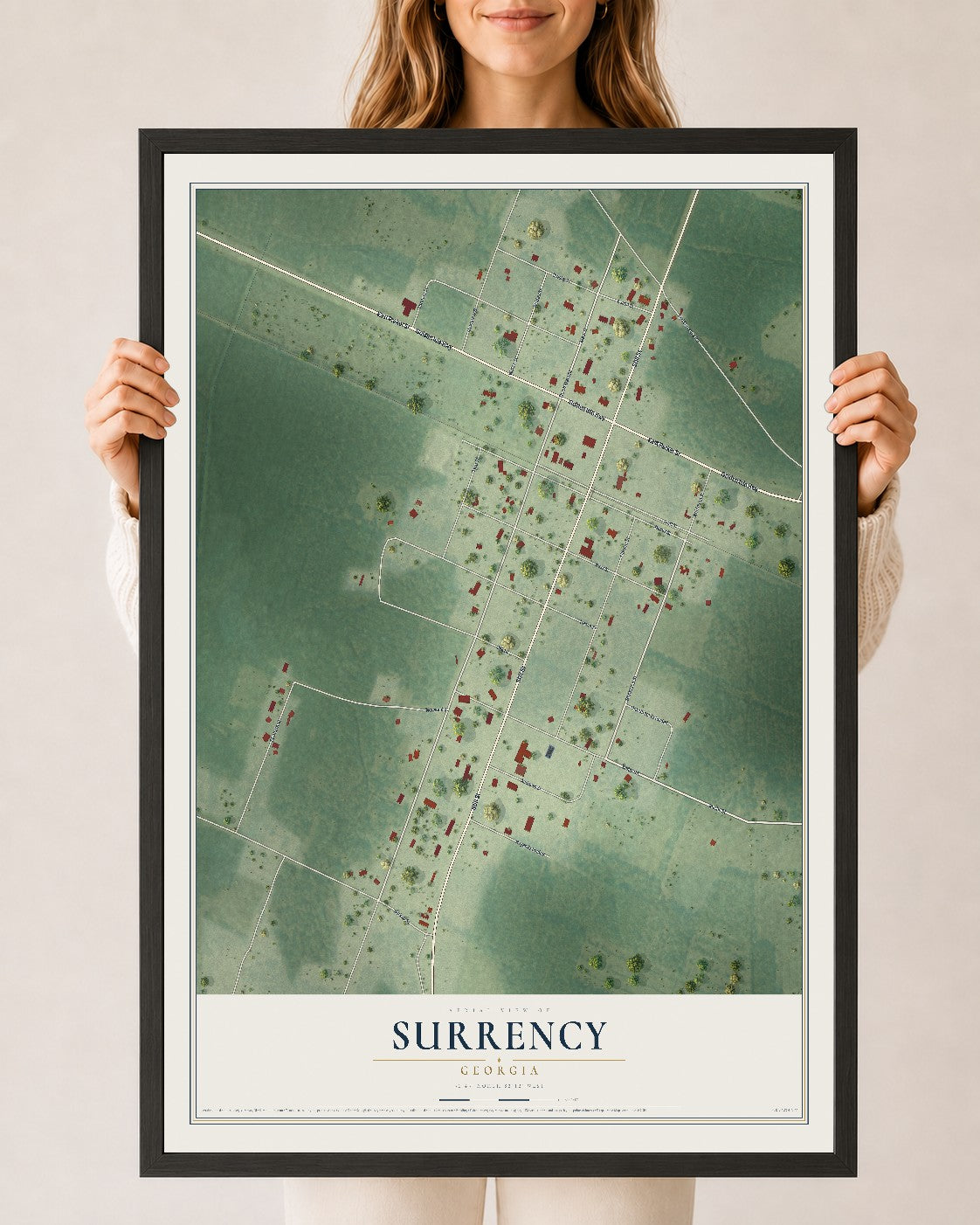 Surrency, Georgia map print, 24" x 36" W/ Black Ayous Wood Frame mockup