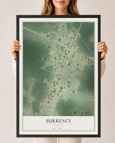 Surrency, Georgia map print, 24" x 36" W/ Black Ayous Wood Frame mockup
