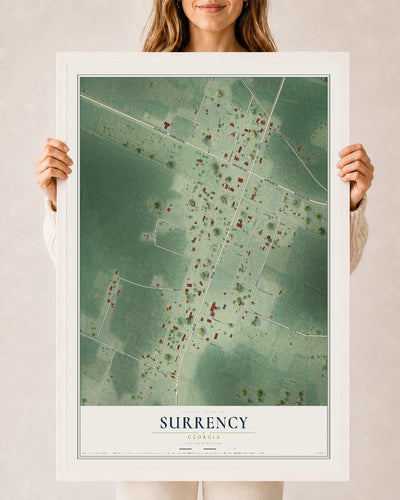 Surrency, Georgia map print, 24" x 36" W/ White Ayous Wood Frame mockup