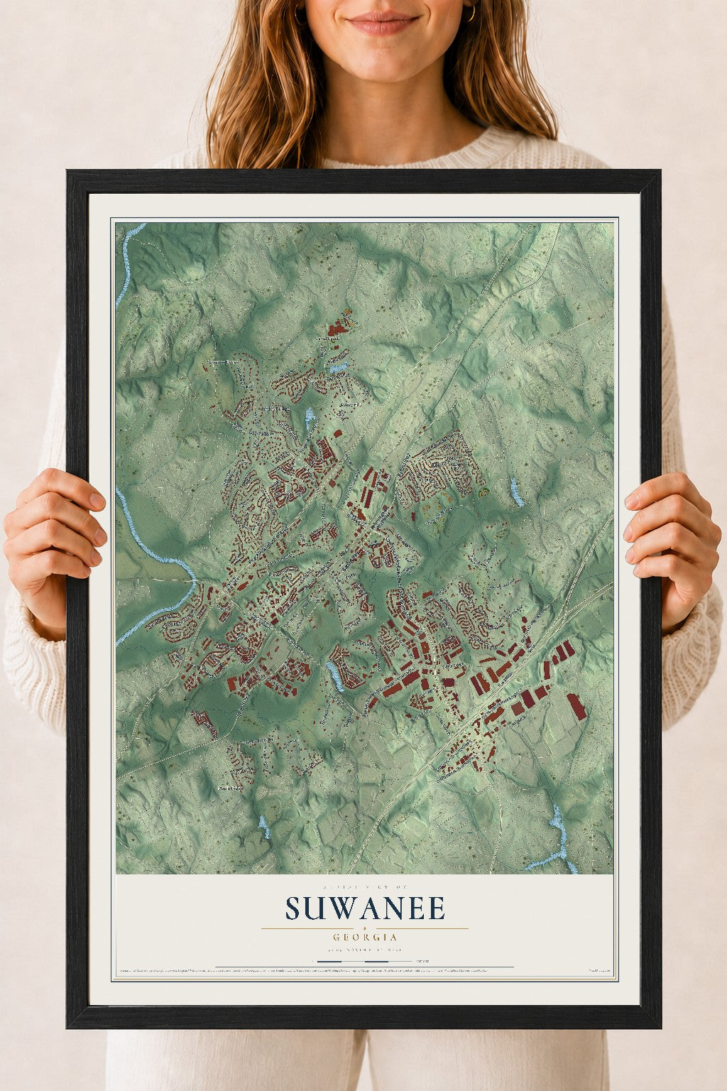 Suwanee, Georgia map print, 18" x 24" W/ Black Ayous Wood Frame mockup