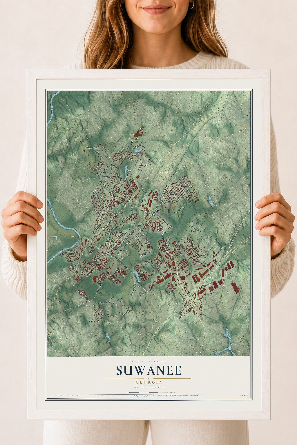 Suwanee, Georgia map print, 18" x 24" W/ White Ayous Wood Frame mockup
