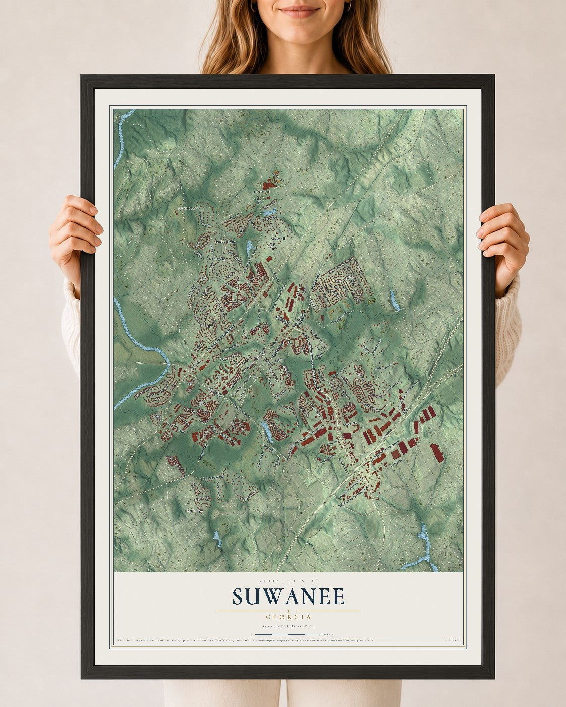 Suwanee, Georgia map print, 24" x 36" W/ Black Ayous Wood Frame mockup