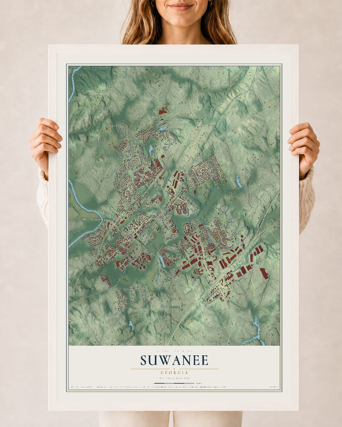Suwanee, Georgia map print, 24" x 36" W/ White Ayous Wood Frame mockup
