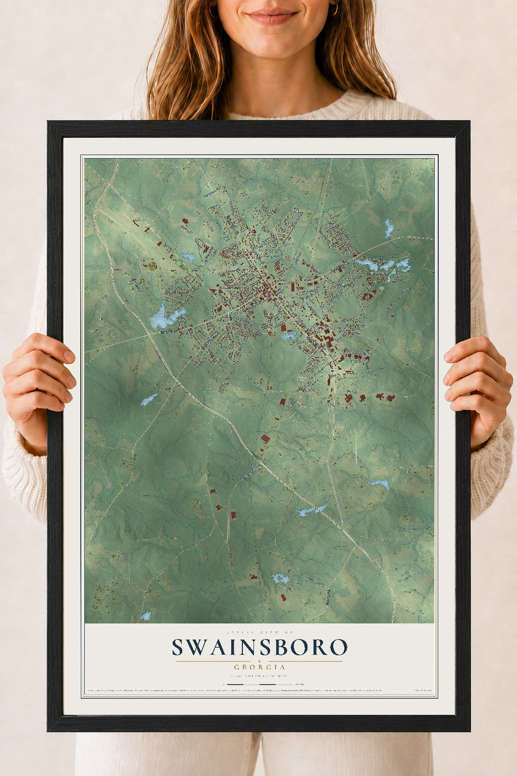 Swainsboro, Georgia map print, 18" x 24" W/ Black Ayous Wood Frame mockup