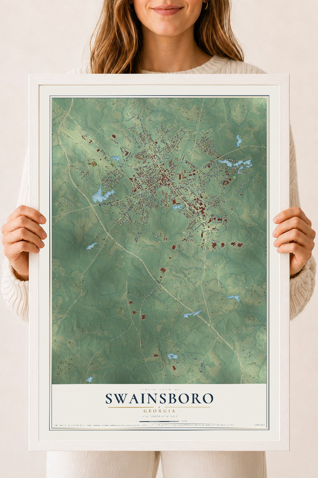 Swainsboro, Georgia map print, 18" x 24" W/ White Ayous Wood Frame mockup