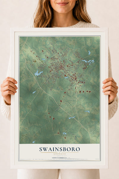 Swainsboro, Georgia map print, 18" x 24" W/ White Ayous Wood Frame mockup