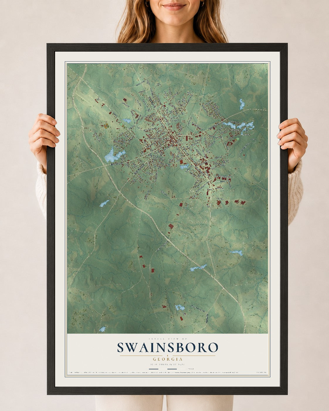 Swainsboro, Georgia map print, 24" x 36" W/ Black Ayous Wood Frame mockup
