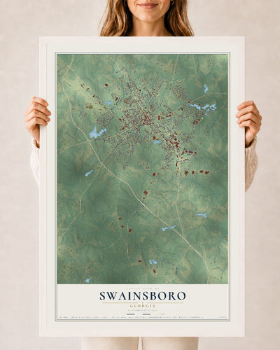 Swainsboro, Georgia map print, 24" x 36" W/ White Ayous Wood Frame mockup