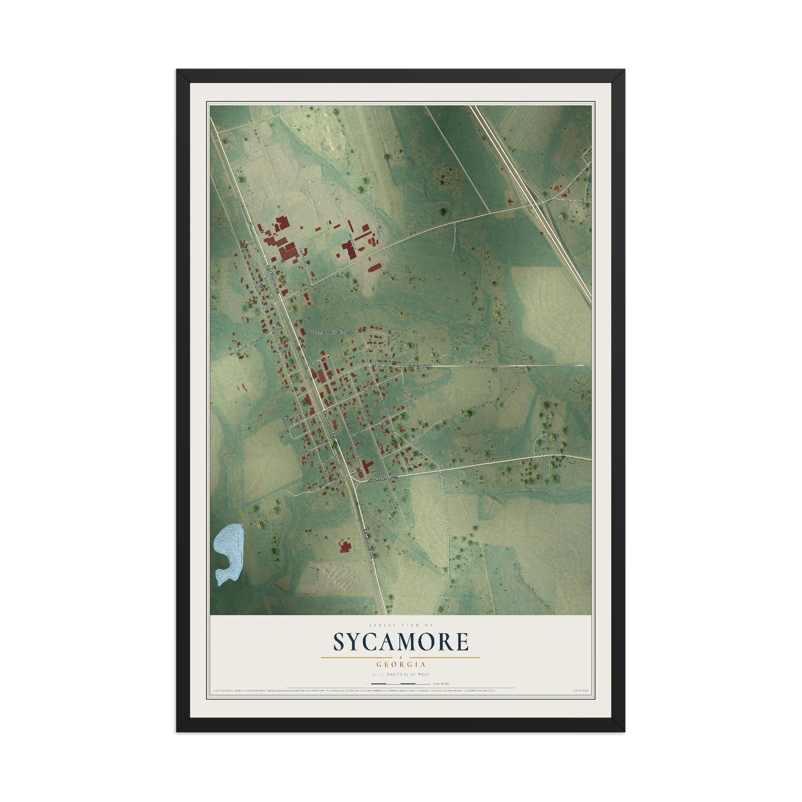 Sycamore, Georgia map print, 12" x 18" W/ Black Ayous Wood Frame mockup