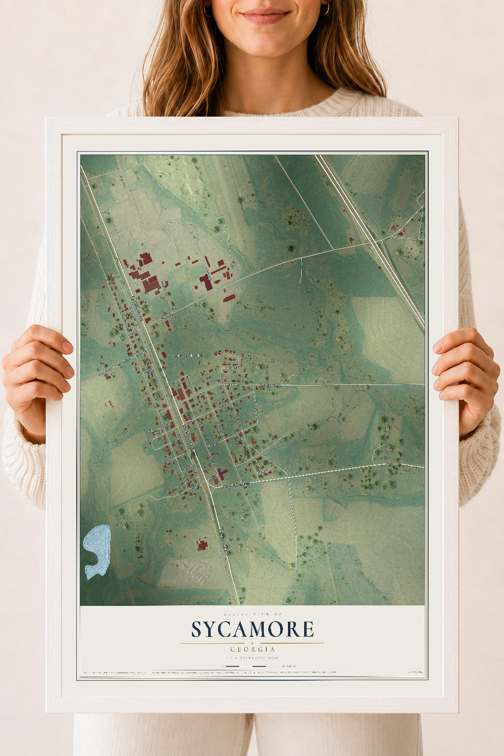 Sycamore, Georgia map print, 18" x 24" W/ White Ayous Wood Frame mockup