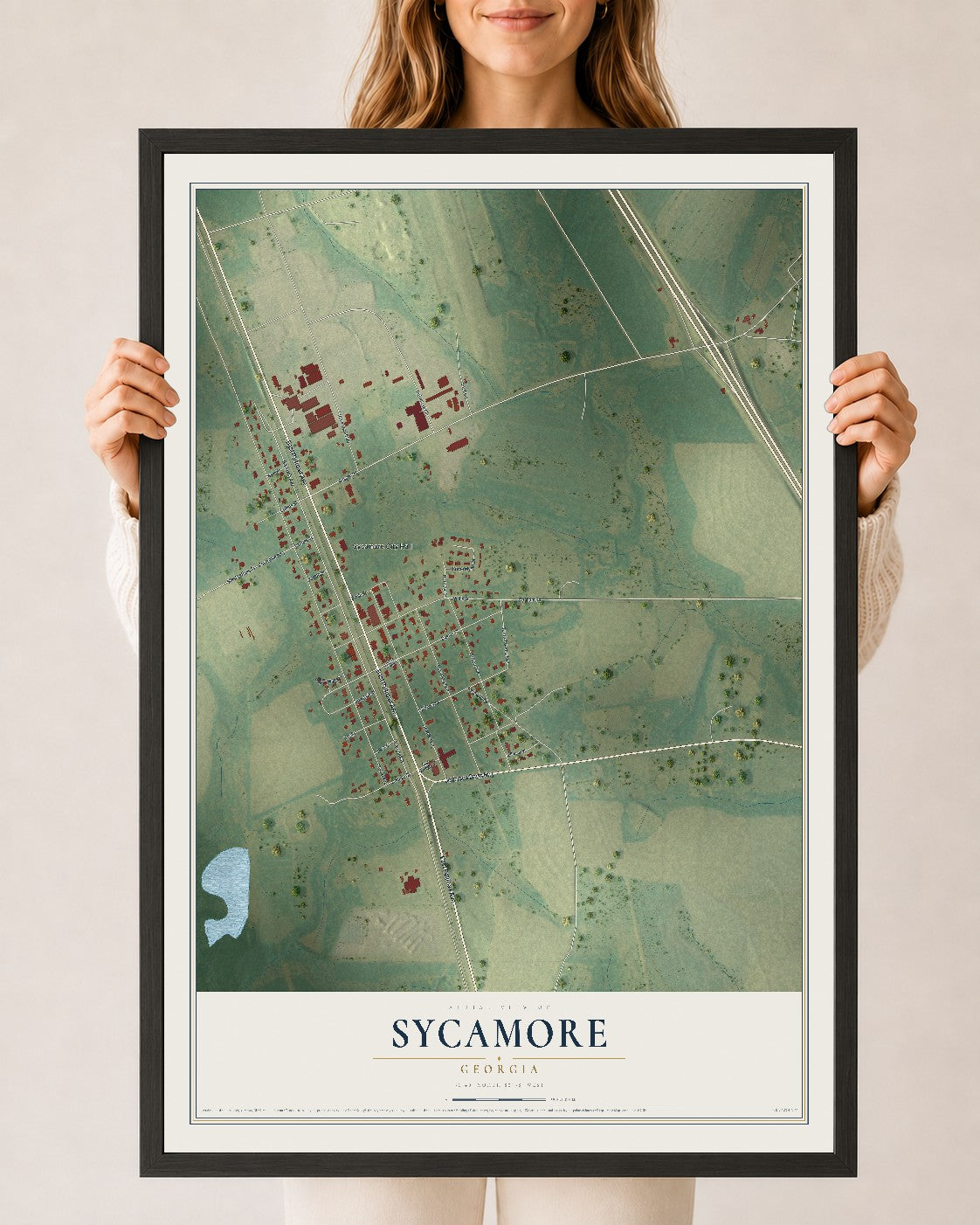 Sycamore, Georgia map print, 24" x 36" W/ Black Ayous Wood Frame mockup