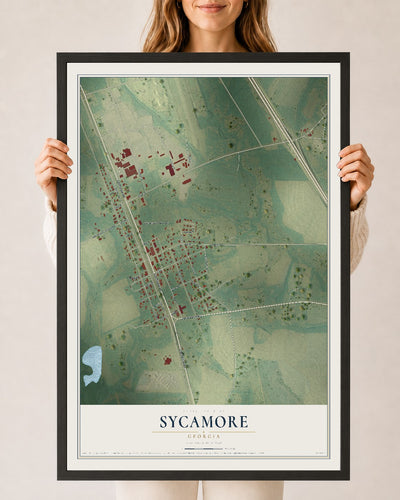 Sycamore, Georgia map print, 24" x 36" W/ Black Ayous Wood Frame mockup