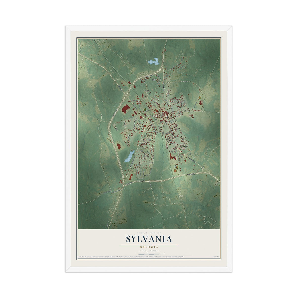 Sylvania, Georgia map print, 12" x 18" W/ White Ayous Wood Frame mockup