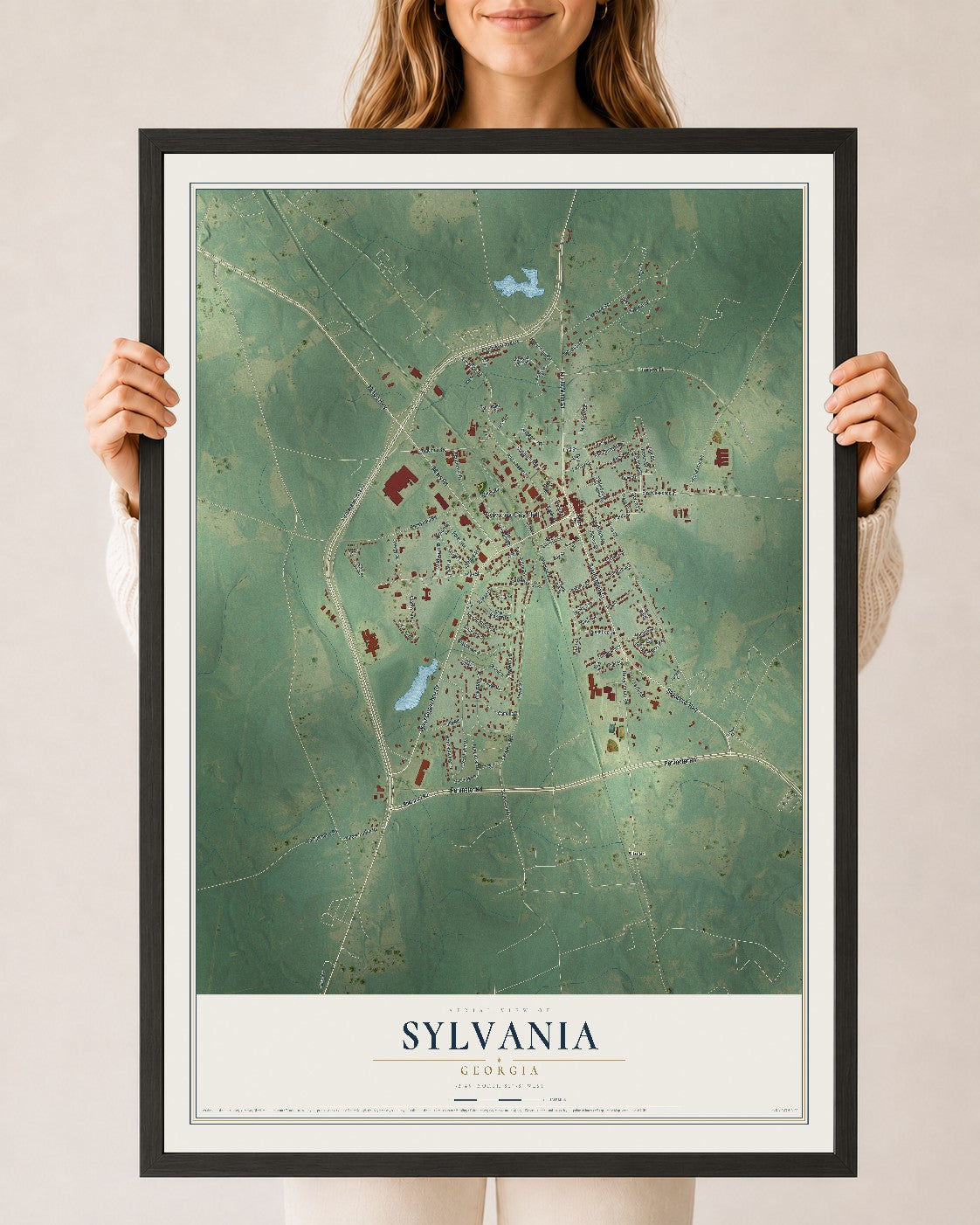 Sylvania, Georgia map print, 24" x 36" W/ Black Ayous Wood Frame mockup