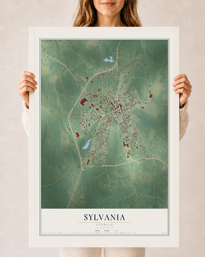 Sylvania, Georgia map print, 24" x 36" W/ White Ayous Wood Frame mockup