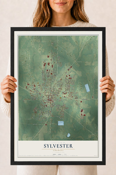 Sylvester, Georgia map print, 18" x 24" W/ Black Ayous Wood Frame mockup