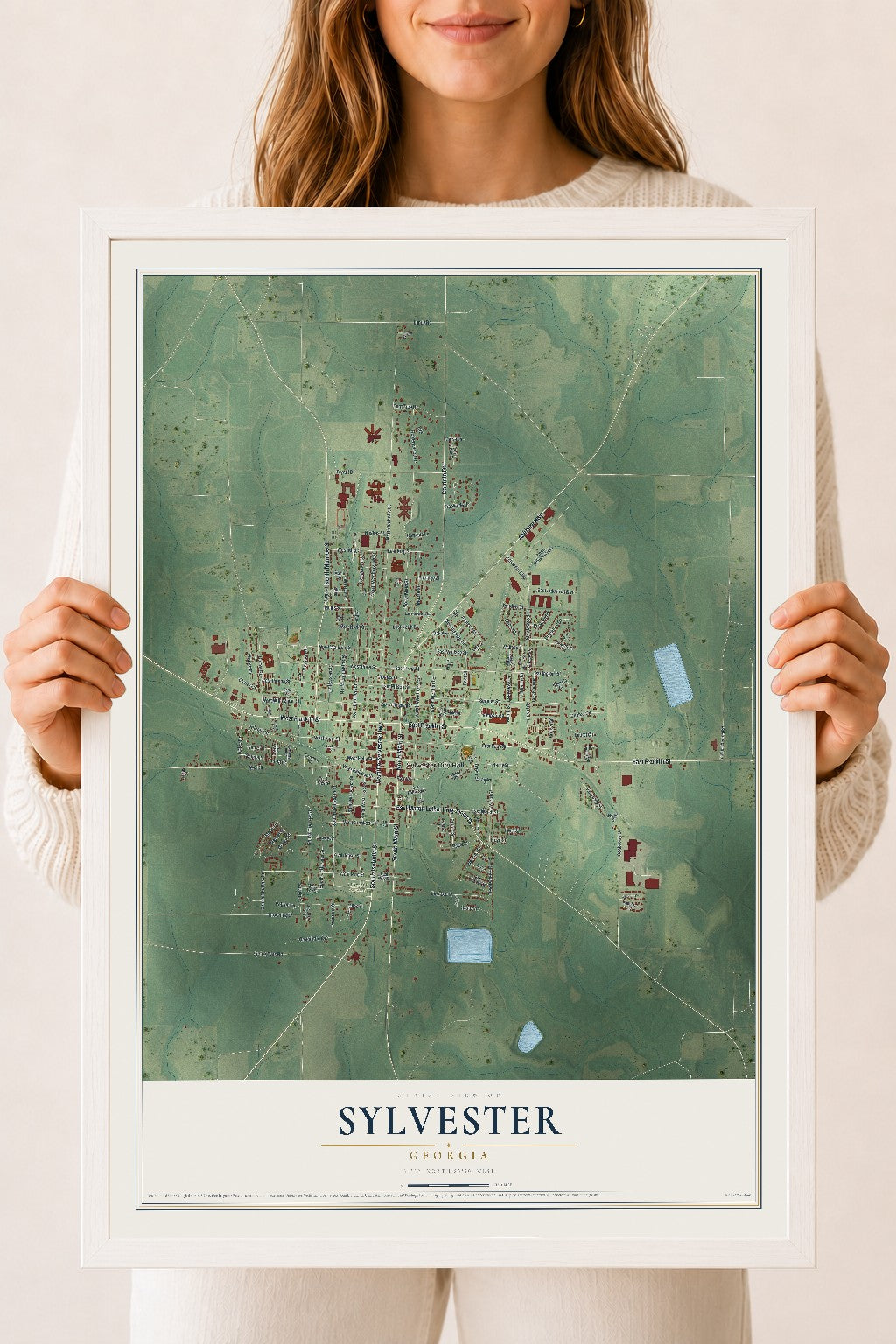 Sylvester, Georgia map print, 18" x 24" W/ White Ayous Wood Frame mockup