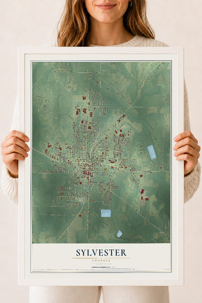 Sylvester, Georgia map print, 18" x 24" W/ White Ayous Wood Frame mockup