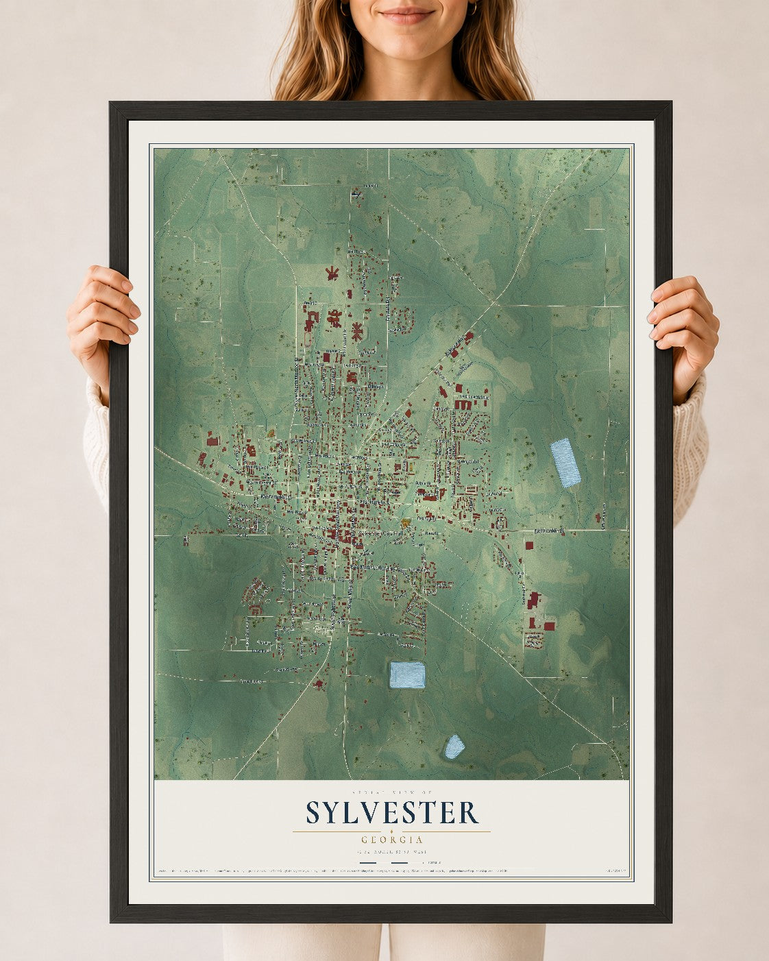 Sylvester, Georgia map print, 24" x 36" W/ Black Ayous Wood Frame mockup