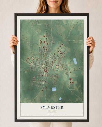 Sylvester, Georgia map print, 24" x 36" W/ Black Ayous Wood Frame mockup