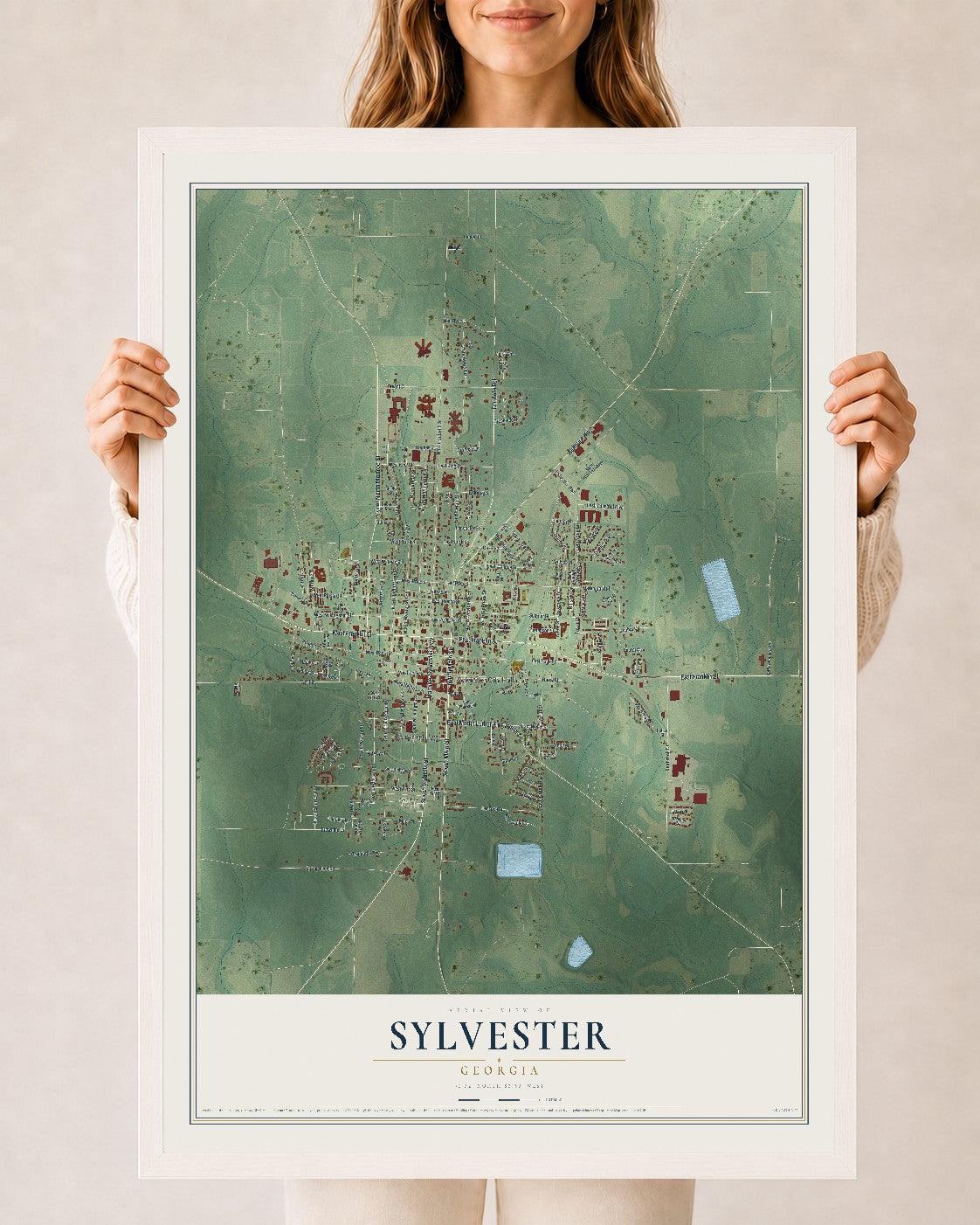 Sylvester, Georgia map print, 24" x 36" W/ White Ayous Wood Frame mockup