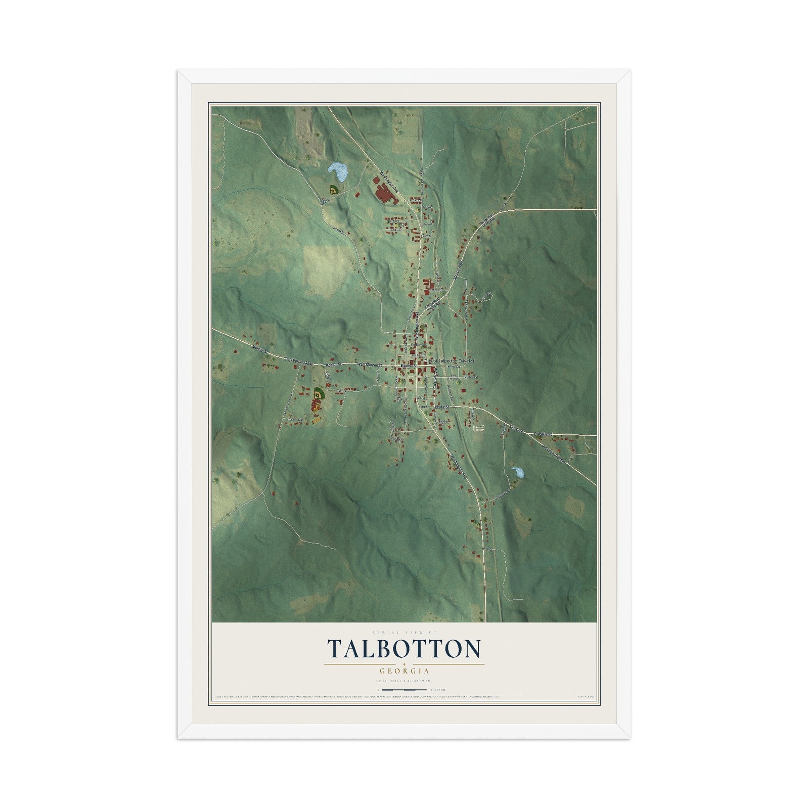 Talbotton, Georgia map print, 12" x 18" W/ White Ayous Wood Frame mockup