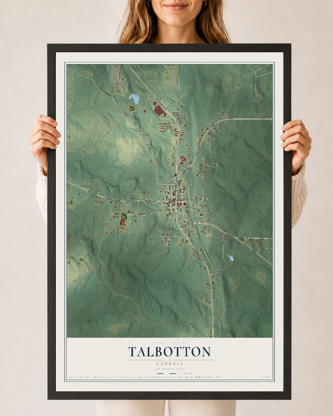 Talbotton, Georgia map print, 24" x 36" W/ Black Ayous Wood Frame mockup