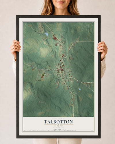 Talbotton, Georgia map print, 24" x 36" W/ Black Ayous Wood Frame mockup