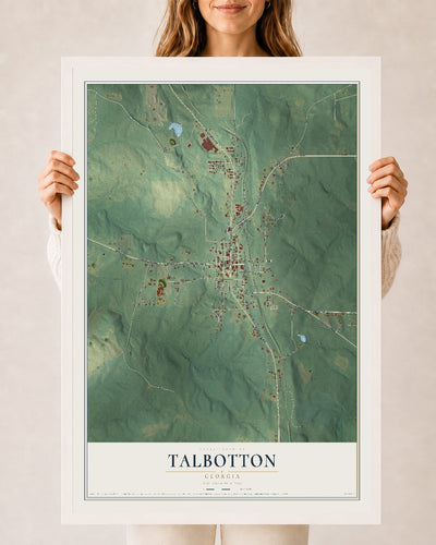 Talbotton, Georgia map print, 24" x 36" W/ White Ayous Wood Frame mockup