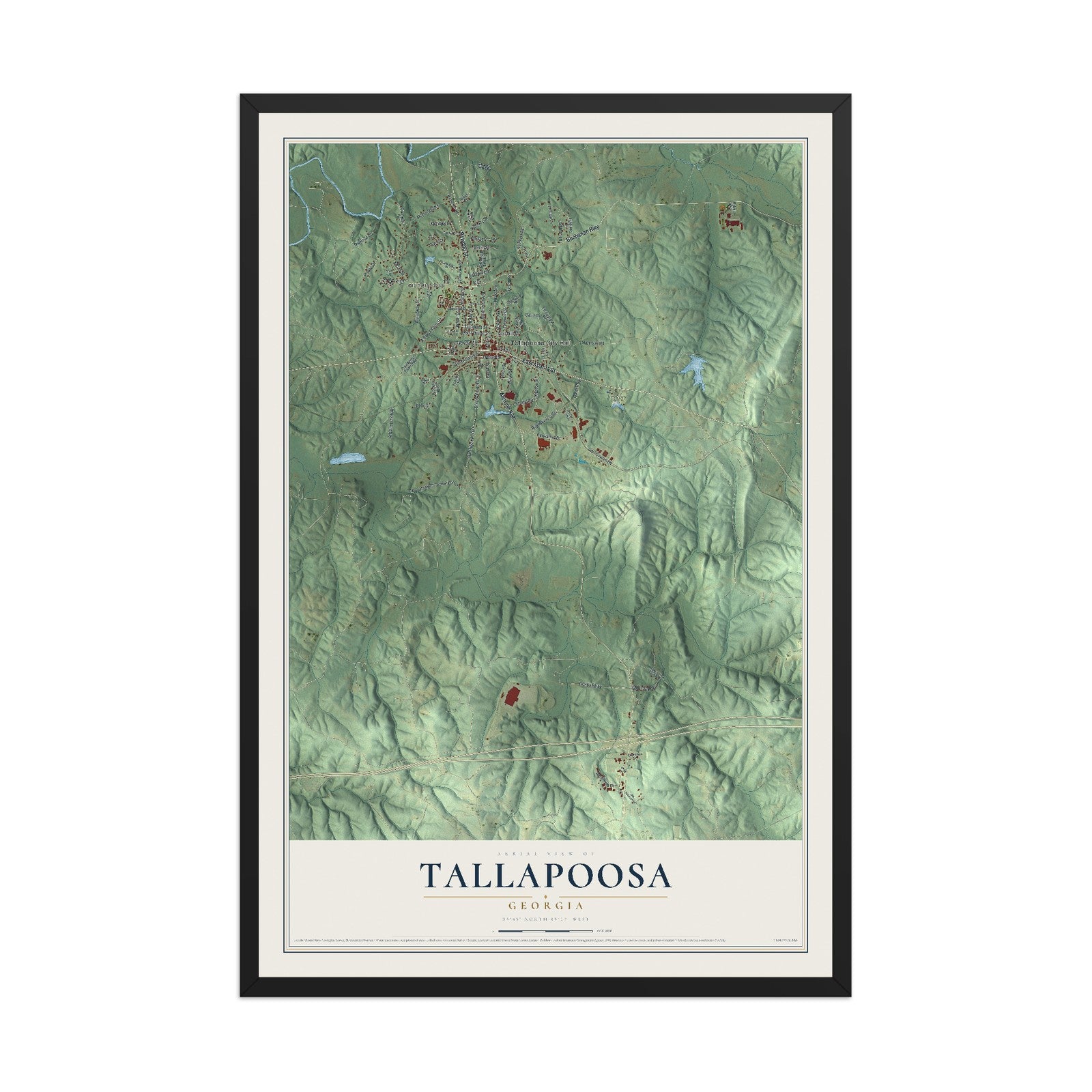 Tallapoosa, Georgia map print, 12" x 18" W/ Black Ayous Wood Frame mockup