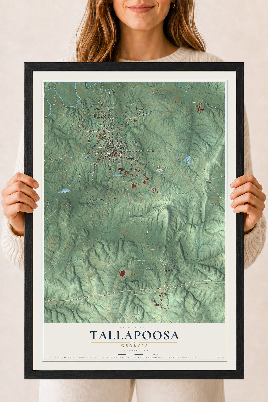 Tallapoosa, Georgia map print, 18" x 24" W/ Black Ayous Wood Frame mockup