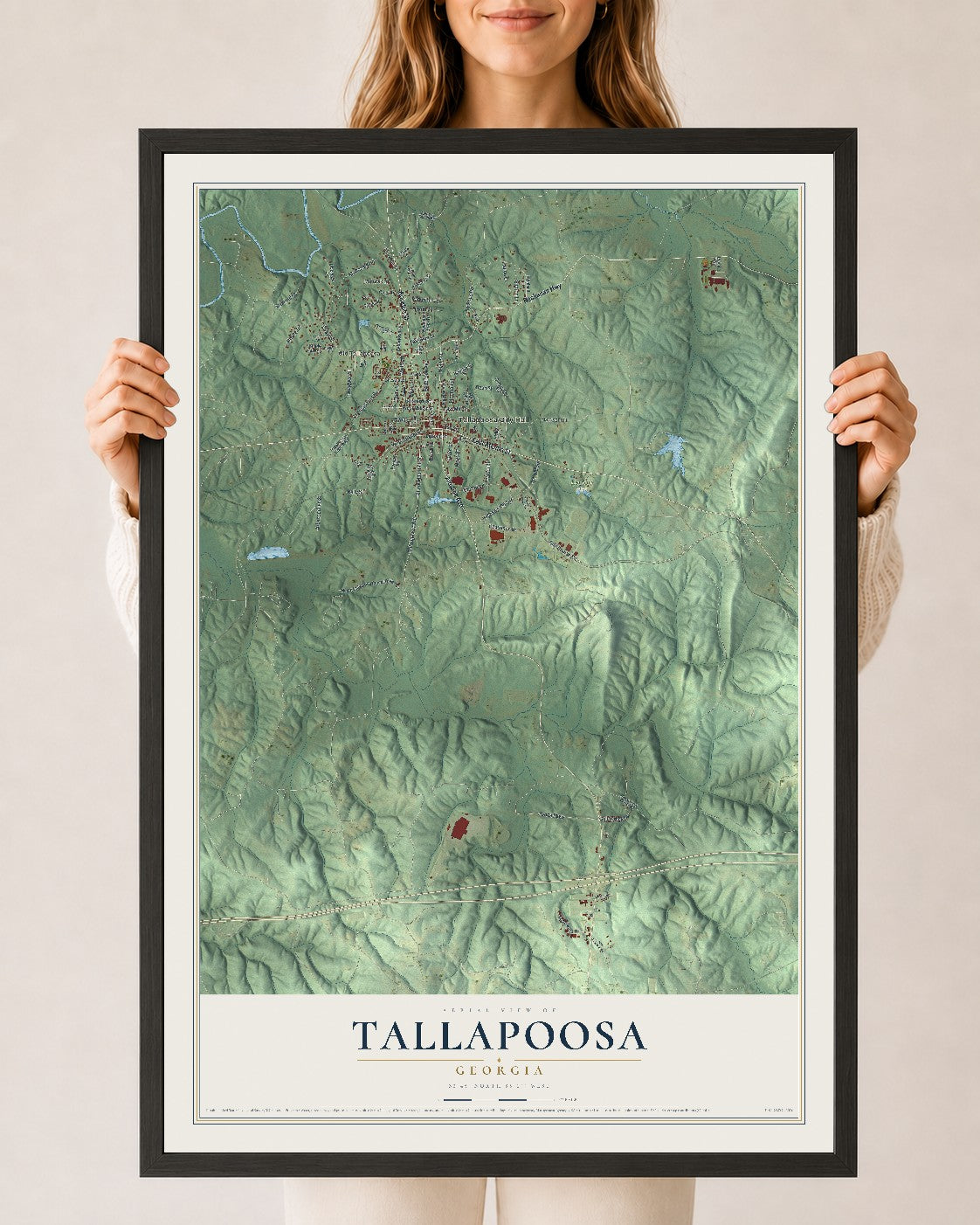 Tallapoosa, Georgia map print, 24" x 36" W/ Black Ayous Wood Frame mockup