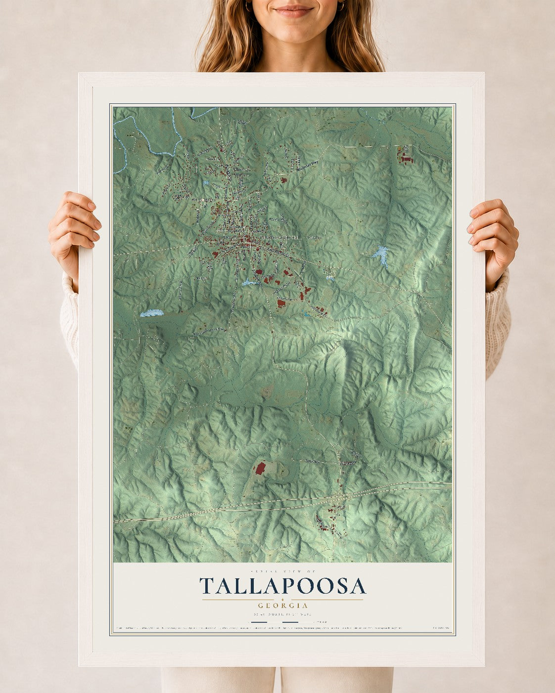 Tallapoosa, Georgia map print, 24" x 36" W/ White Ayous Wood Frame mockup
