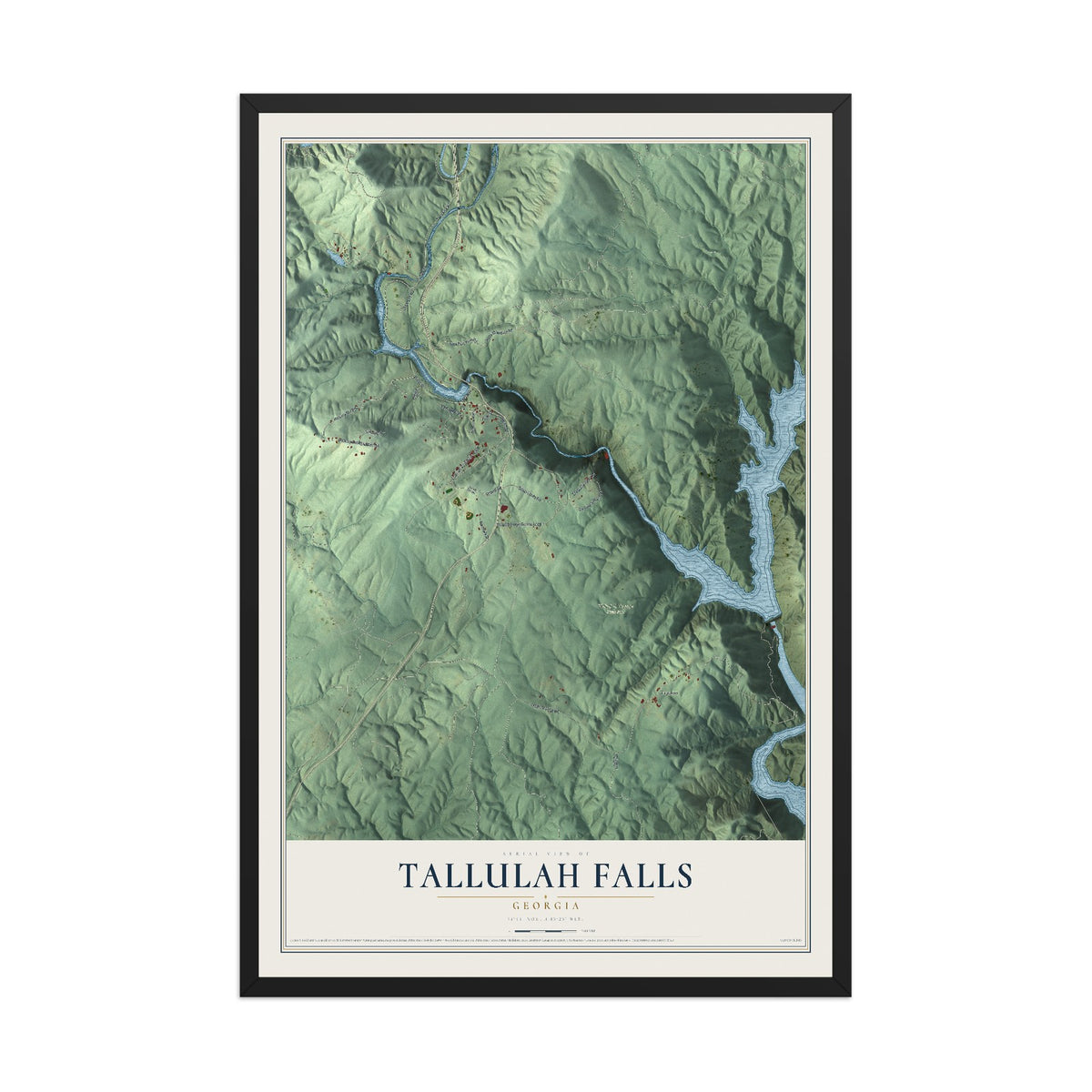 Tallulah Falls, Georgia map print, 12" x 18" W/ Black Ayous Wood Frame mockup