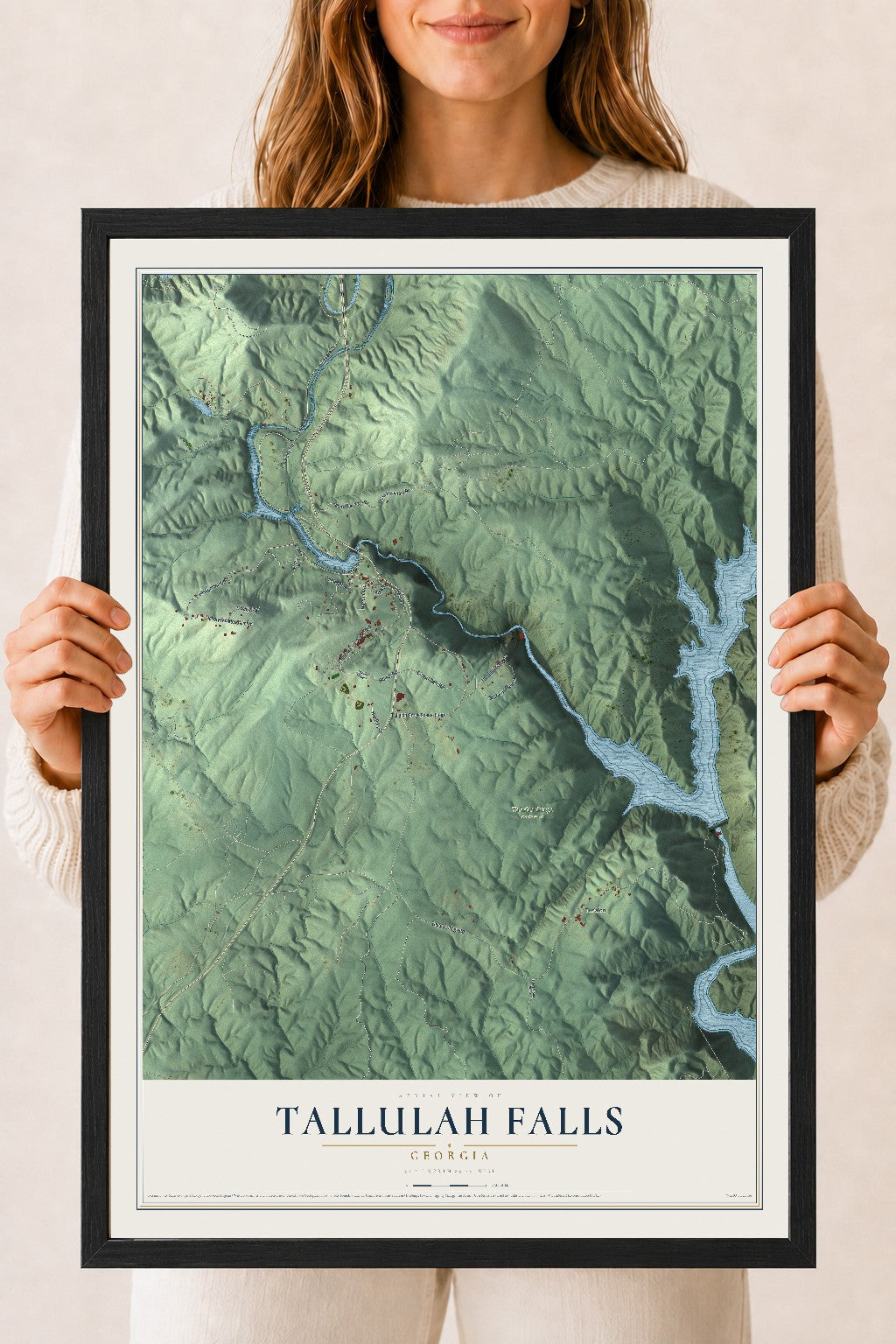 Tallulah Falls, Georgia map print, 18" x 24" W/ Black Ayous Wood Frame mockup