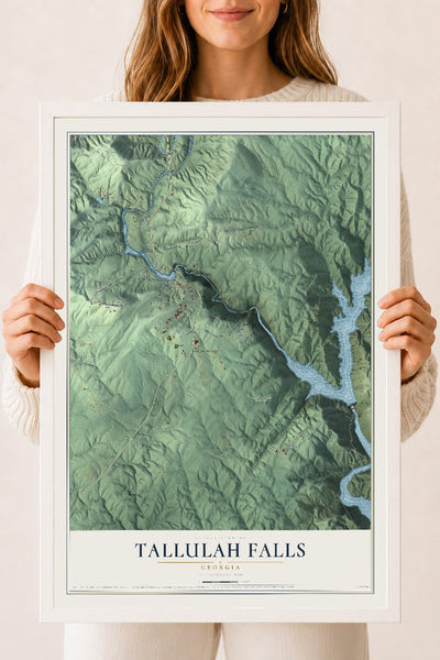 Tallulah Falls, Georgia map print, 18" x 24" W/ White Ayous Wood Frame mockup