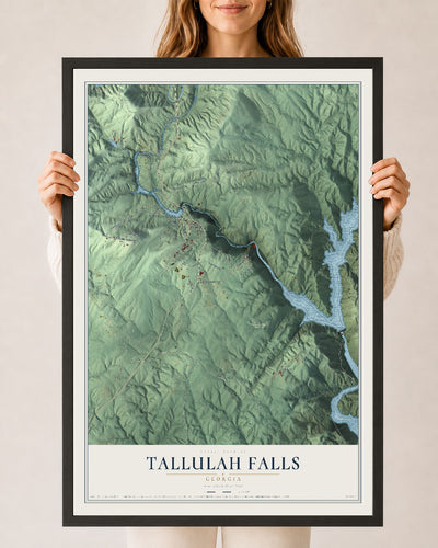 Tallulah Falls, Georgia map print, 24" x 36" W/ Black Ayous Wood Frame mockup