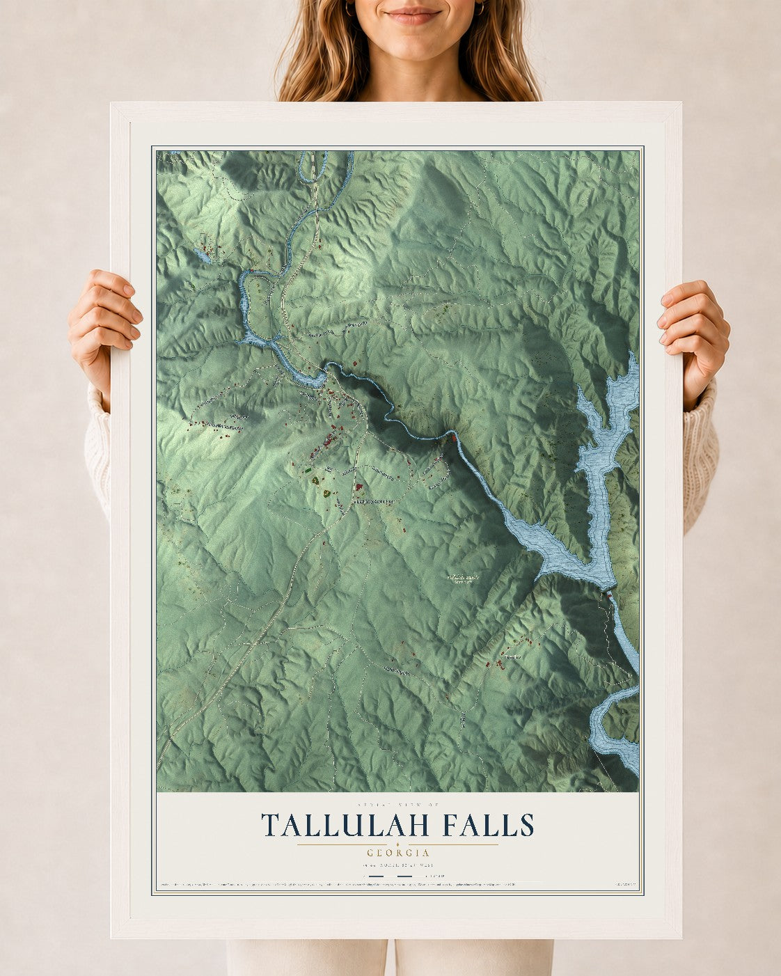 Tallulah Falls, Georgia map print, 24" x 36" W/ White Ayous Wood Frame mockup