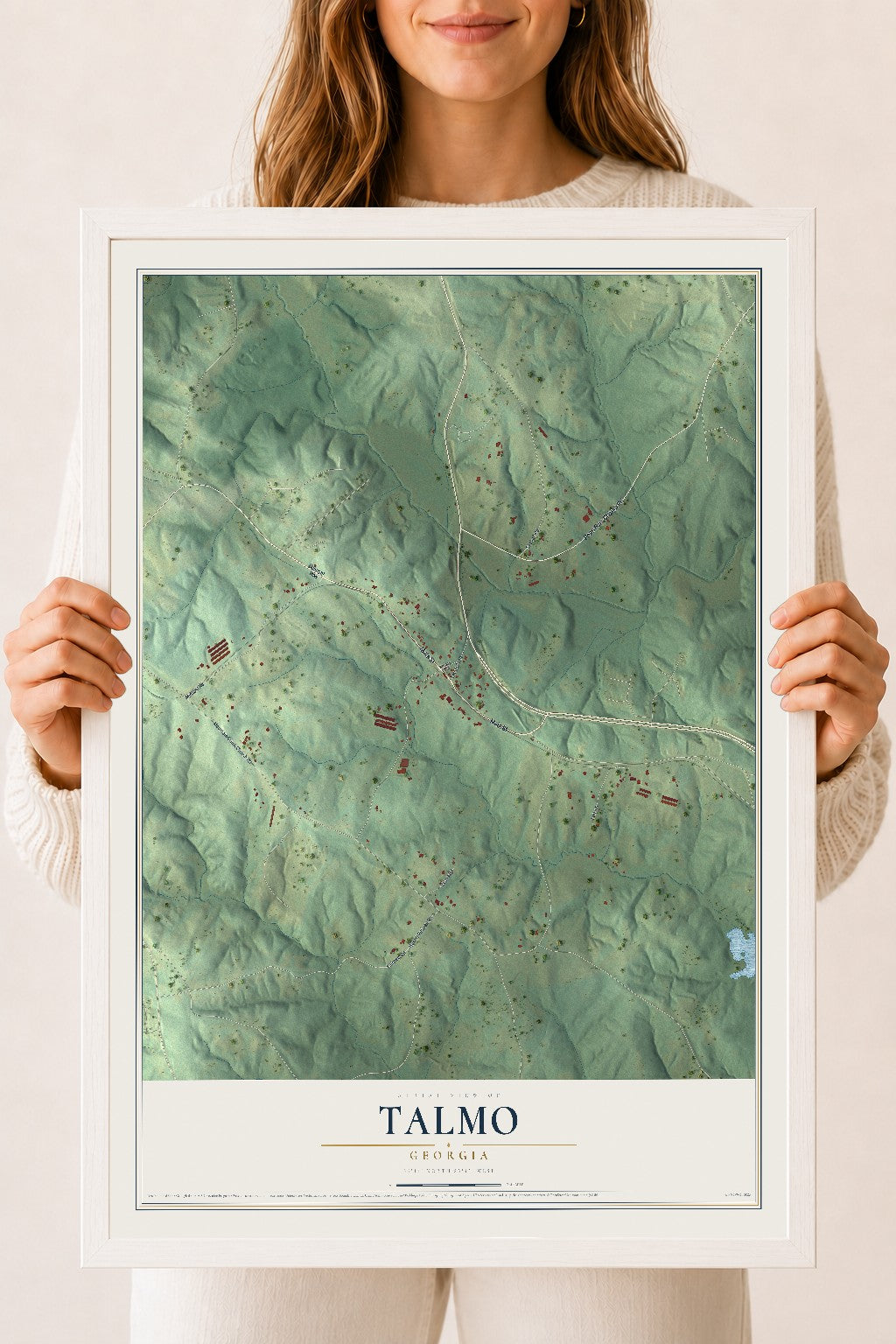 Talmo, Georgia map print, 18" x 24" W/ White Ayous Wood Frame mockup