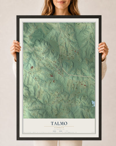 Talmo, Georgia map print, 24" x 36" W/ Black Ayous Wood Frame mockup