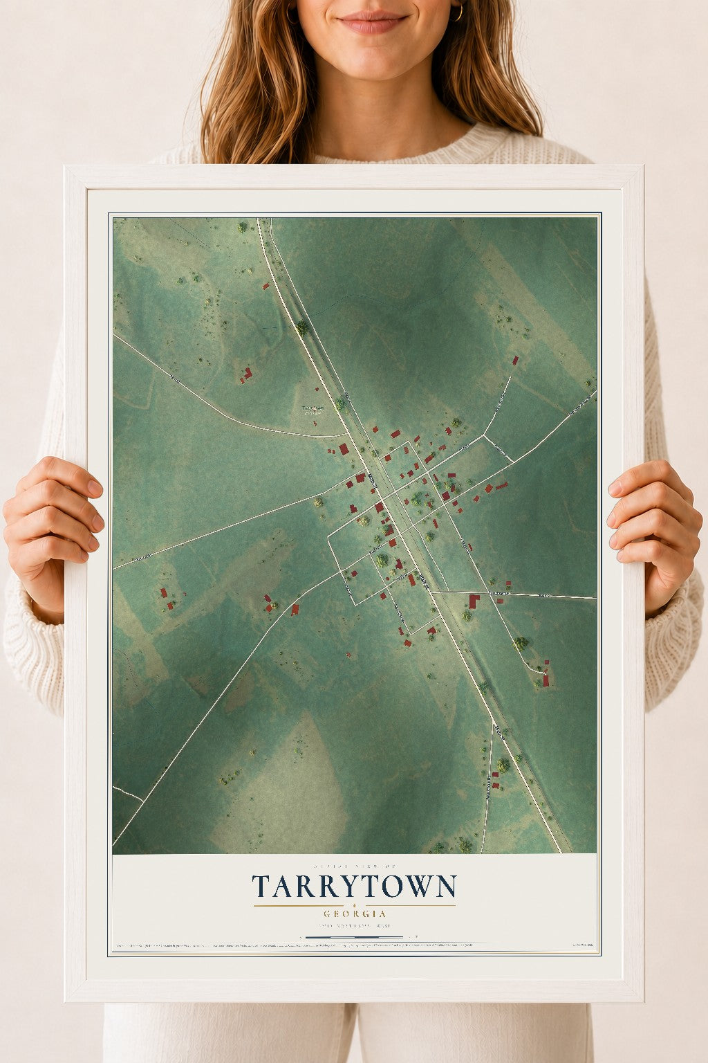 Tarrytown, Georgia map print, 18" x 24" W/ White Ayous Wood Frame mockup