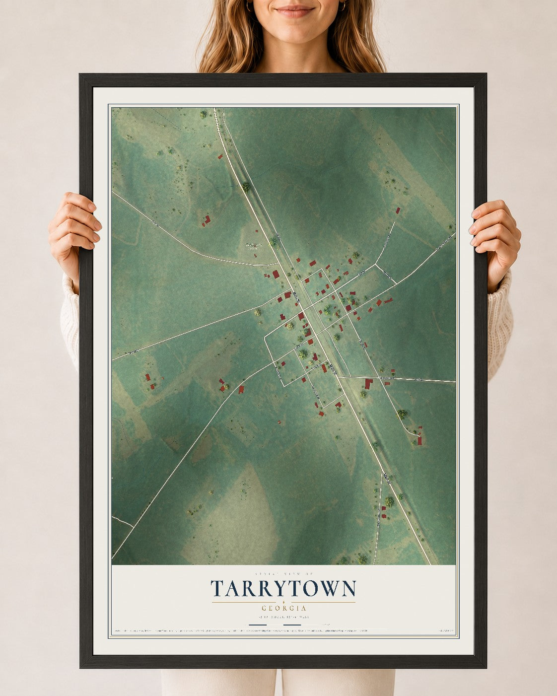 Tarrytown, Georgia map print, 24" x 36" W/ Black Ayous Wood Frame mockup