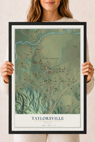 Taylorsville, Georgia map print, 18" x 24" W/ Black Ayous Wood Frame mockup