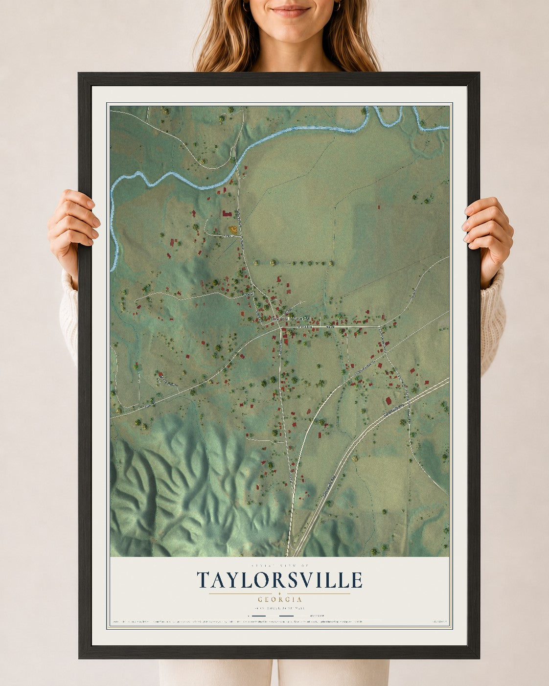 Taylorsville, Georgia map print, 24" x 36" W/ Black Ayous Wood Frame mockup
