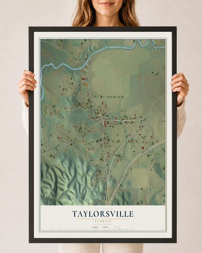 Taylorsville, Georgia map print, 24" x 36" W/ Black Ayous Wood Frame mockup