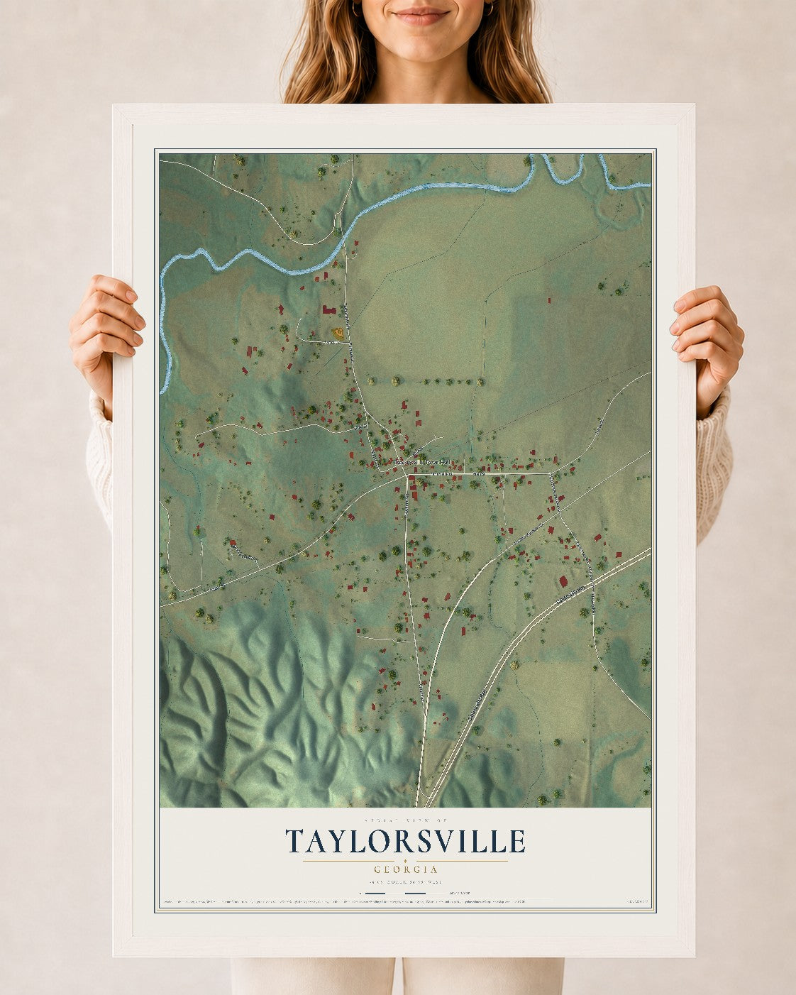 Taylorsville, Georgia map print, 24" x 36" W/ White Ayous Wood Frame mockup